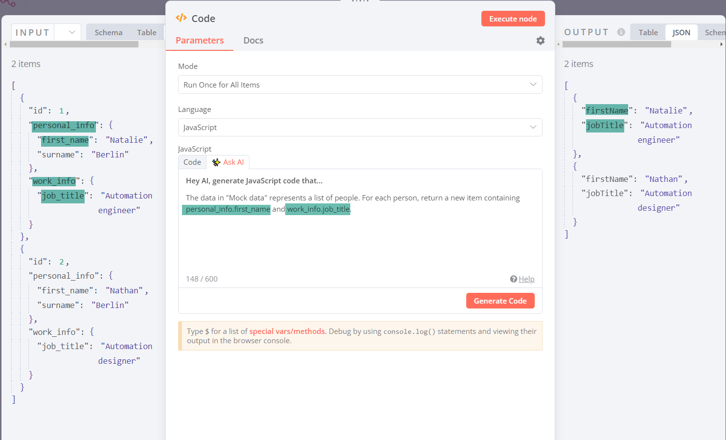 "Screenshot of an n8n code node, highlighting how to reference data with dot notation in an AI query"